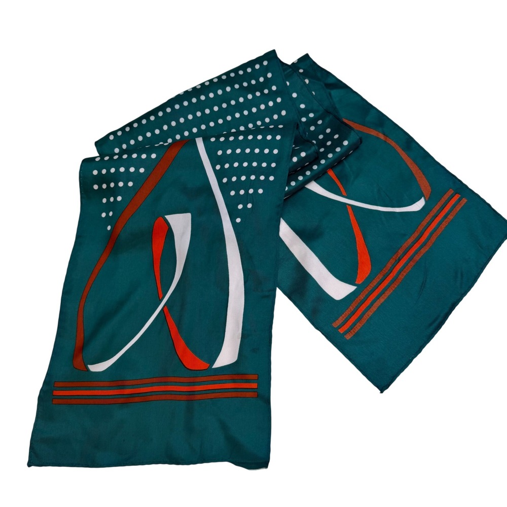 Vintage Scarf Polka Dot Geometric Emerald Green Satin Retro Mod Parisian Chic